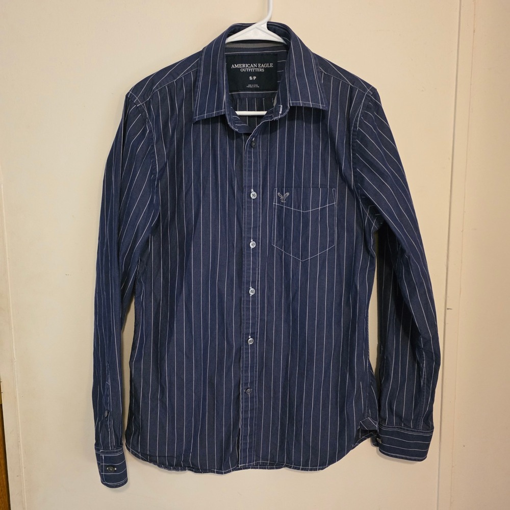 American Eagle Mens Button Down Shirt Size Small Blue Pinstripe Cotton Preppy